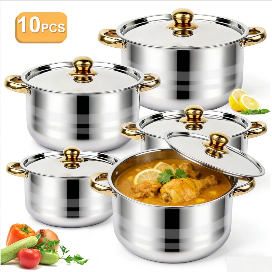 Home Cooking Usa - Juego de ollas de acero inoxidable,